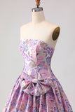 Lilac A-Line Strapless Ruched Jacquard Satin Brocade Long Prom Dress with Bow