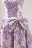 Strapless Lilac A-Line Jacquard Brocade Long Prom Dress with Bow