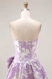 Strapless Lilac A-Line Jacquard Brocade Long Prom Dress with Bow