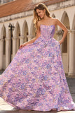 Lilac Strapless Jacquard A-Line Corset Brocade Long Prom Dress