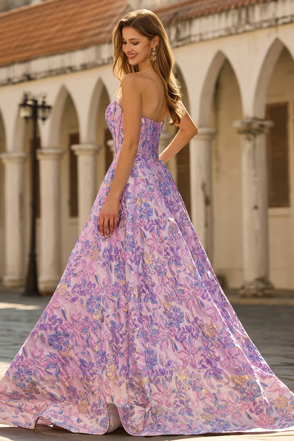 Zapaka Women Lilac Strapless Long Prom Dress A-Line Satin Corset Jacquard Brocade Wedding Party Dress, Lilac / US4 Zapaka Women Lilac Strapless Long Prom Dress A-Line Satin Corset Jacquard Brocade Wedding Party Dress, Lilac / US4