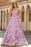 Lilac Strapless Jacquard A-Line Corset Brocade Long Prom Dress