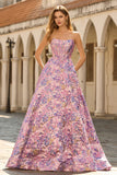 Lilac Strapless Jacquard A-Line Corset Brocade Long Prom Dress