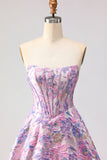 Lilac Strapless A-Line Satin Corset Jacquard Brocade Long Prom Dress