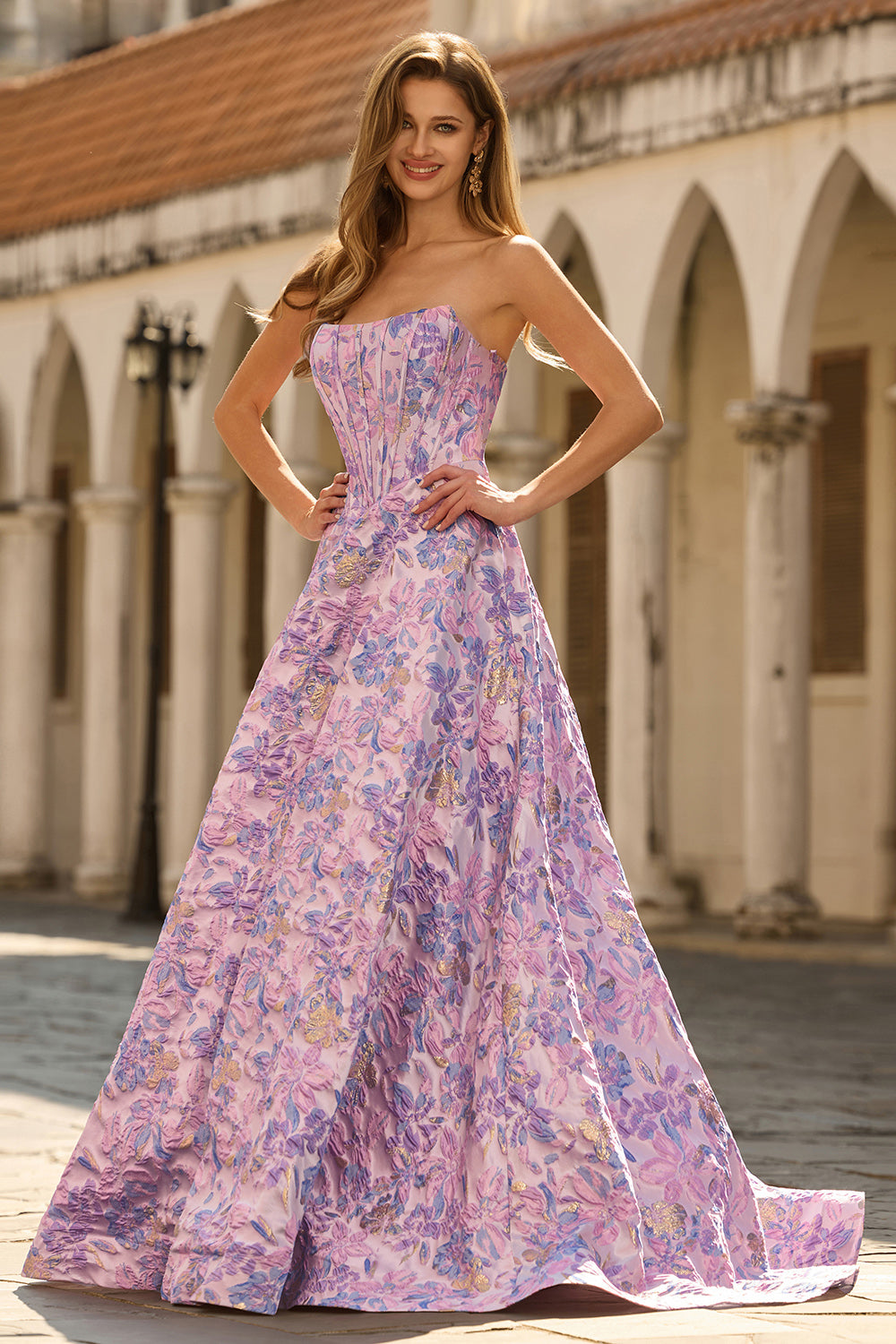 ZAPAKA Women Lilac Strapless Long Prom Dress A-Line Satin Corset Jacquard Brocade Wedding Party Dress, Lilac / US4 ZAPAKA Women Lilac Strapless Long Prom Dress A-Line Satin Corset Jacquard Brocade Wedding Party Dress, Lilac / US4