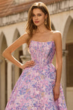 Lilac Strapless Jacquard A-Line Corset Brocade Long Prom Dress