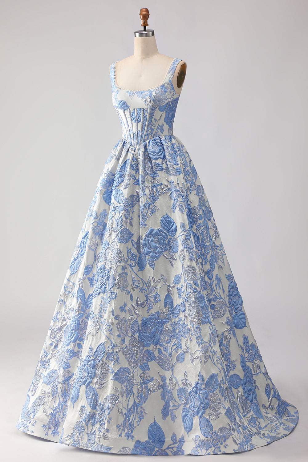 ZAPAKA Women Light Blue Long Prom Dress A-Line Jacquard Square Neck