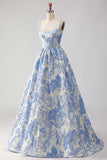 Light Blue A-Line Jacquard Brocade Corset Long Prom Dress with Pearls