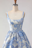 Light Blue A-Line Jacquard Brocade Corset Long Prom Dress with Pearls