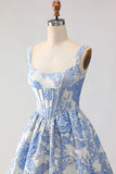 Light Blue A-Line Jacquard Brocade Corset Long Prom Dress with Pearls
