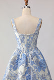 Light Blue A-Line Jacquard Brocade Corset Long Prom Dress with Pearls