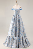 Off The Shoulder Light Blue A-Line Jacquard Convertible Long Prom Dress