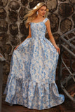 Off The Shoulder Light Blue A-Line Jacquard Brocade Convertible Long Prom Dress