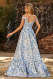 Off The Shoulder Light Blue A-Line Jacquard Brocade Convertible Long Prom Dress