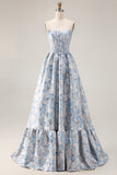 Off The Shoulder Light Blue A-Line Jacquard Convertible Long Prom Dress