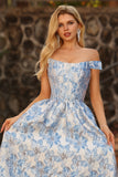 Light Blue A-Line Off The Shoulder Jacquard Brocade Convertible Long Prom Dress