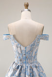 Off The Shoulder Light Blue A-Line Jacquard Convertible Long Prom Dress