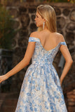 Light Blue A-Line Off The Shoulder Jacquard Brocade Convertible Long Prom Dress