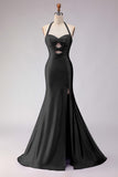 Mermaid Lilac Beaded Halter Cut Out Long Prom Dress with Slit