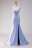 Mermaid Lilac Beaded Halter Cut Out Long Prom Dress with Slit