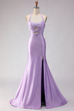 Mermaid Lilac Beaded Halter Cut Out Long Prom Dress with Slit