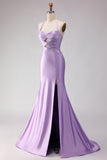 Mermaid Lilac Beaded Halter Cut Out Long Prom Dress with Slit