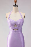 Mermaid Lilac Beaded Halter Cut Out Long Prom Dress with Slit