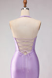 Mermaid Lilac Beaded Halter Cut Out Long Prom Dress with Slit