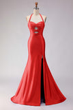 Mermaid Lilac Beaded Halter Cut Out Long Prom Dress with Slit