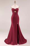 Hot Pink Beaded Mermaid Cut Out Ruched Strapless Long Prom Dress with Slit