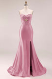 Hot Pink Beaded Mermaid Cut Out Ruched Strapless Long Prom Dress with Slit