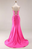 Hot Pink Beaded Mermaid Cut Out Ruched Strapless Long Prom Dress with Slit