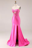 Hot Pink Beaded Mermaid Cut Out Ruched Strapless Long Prom Dress with Slit