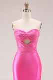 Hot Pink Beaded Mermaid Cut Out Ruched Strapless Long Prom Dress with Slit