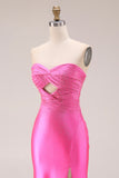 Hot Pink Beaded Mermaid Cut Out Ruched Strapless Long Prom Dress with Slit