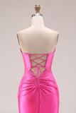 Hot Pink Beaded Mermaid Cut Out Ruched Strapless Long Prom Dress with Slit
