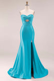 Hot Pink Beaded Mermaid Cut Out Ruched Strapless Long Prom Dress with Slit