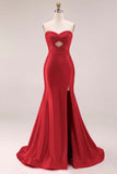 Hot Pink Beaded Mermaid Cut Out Ruched Strapless Long Prom Dress with Slit