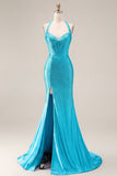 Light Blue Mermaid Halter Beaded Corset Long Prom Dress with Slit