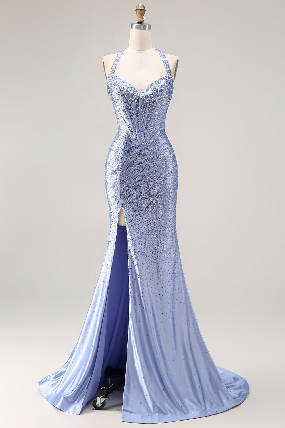 Zapaka Women Light Blue Long Prom Dress with Slit Mermaid Halter Beaded Satin Corset Party Dress, Light Blue / UK20
