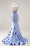 Light Blue Mermaid Halter Beaded Corset Long Prom Dress with Slit