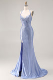 Light Blue Mermaid Halter Beaded Corset Long Prom Dress with Slit