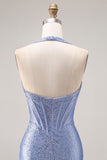 Light Blue Mermaid Halter Beaded Corset Long Prom Dress with Slit