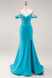 Royal Blue Beaded Corset Mermaid Off the Shoulder Long Prom Dress with Slit