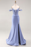 Royal Blue Beaded Corset Mermaid Off the Shoulder Long Prom Dress with Slit