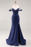 Royal Blue Beaded Corset Mermaid Off the Shoulder Long Prom Dress with Slit