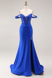 Royal Blue Beaded Corset Mermaid Off the Shoulder Long Prom Dress with Slit
