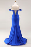 Royal Blue Beaded Corset Mermaid Off the Shoulder Long Prom Dress with Slit