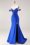 Royal Blue Beaded Corset Mermaid Off the Shoulder Long Prom Dress with Slit