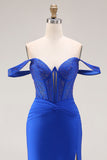Royal Blue Beaded Corset Mermaid Off the Shoulder Long Prom Dress with Slit